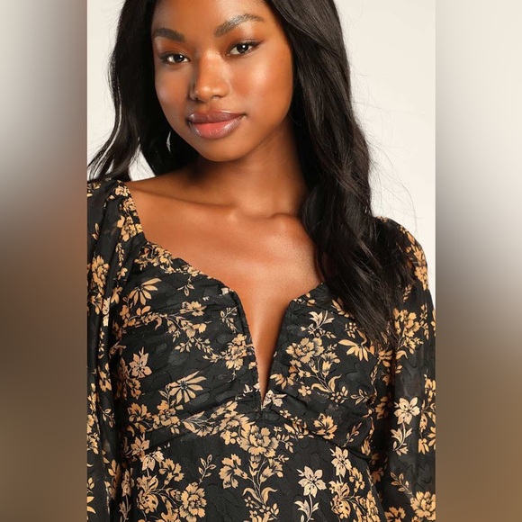 Lulu's Dressed Up Darling Black Gold Floral Balloon Sleeve Mini Dres Long Sleeve - Picture 2 of 15